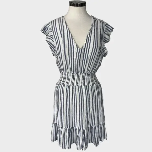 Rails Tara Blue Catalina L Dress Blue White Striped Flutter Sleeve Ruffle Rayon - Picture 2 of 11